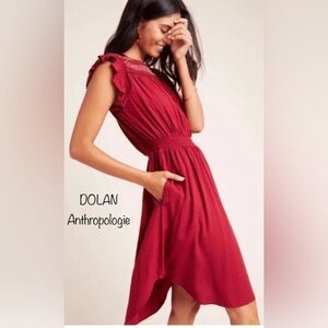 Anthropologie DOLAN Boho Embroidered Lace Smocked Red Mini Dress Size Small
